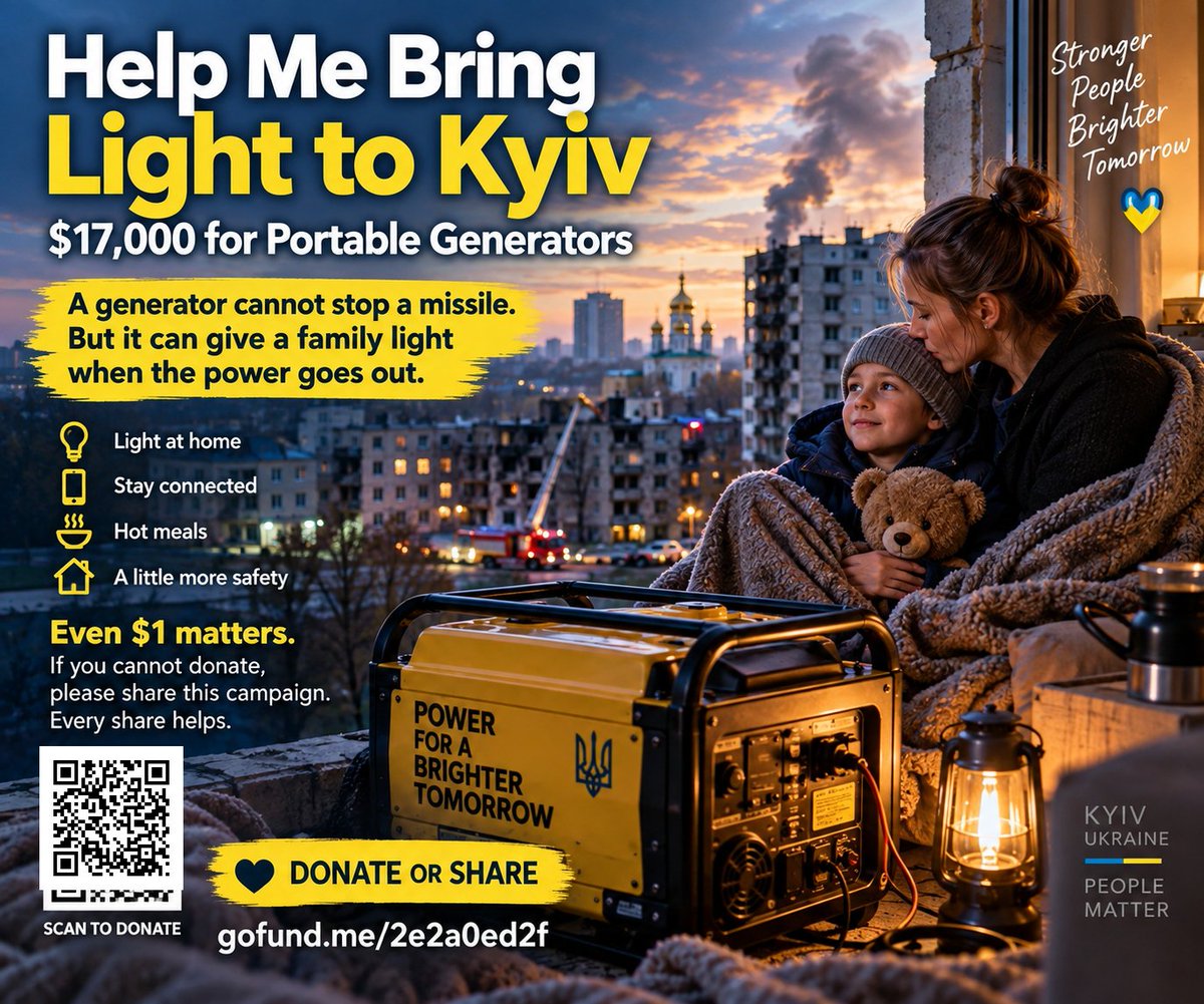NSpass79's tweet photo. A blackout can mean no light, no hot meal, and no charged phone.
A portable generator can bring back a little safety and normal life for a family in Kyiv.
Even $1 matters. 🇺🇦
https://t.co/8zol6S4WOU
#Kyiv #Ukraine #HelpUkraine https://t.co/0R6qrb0uAK