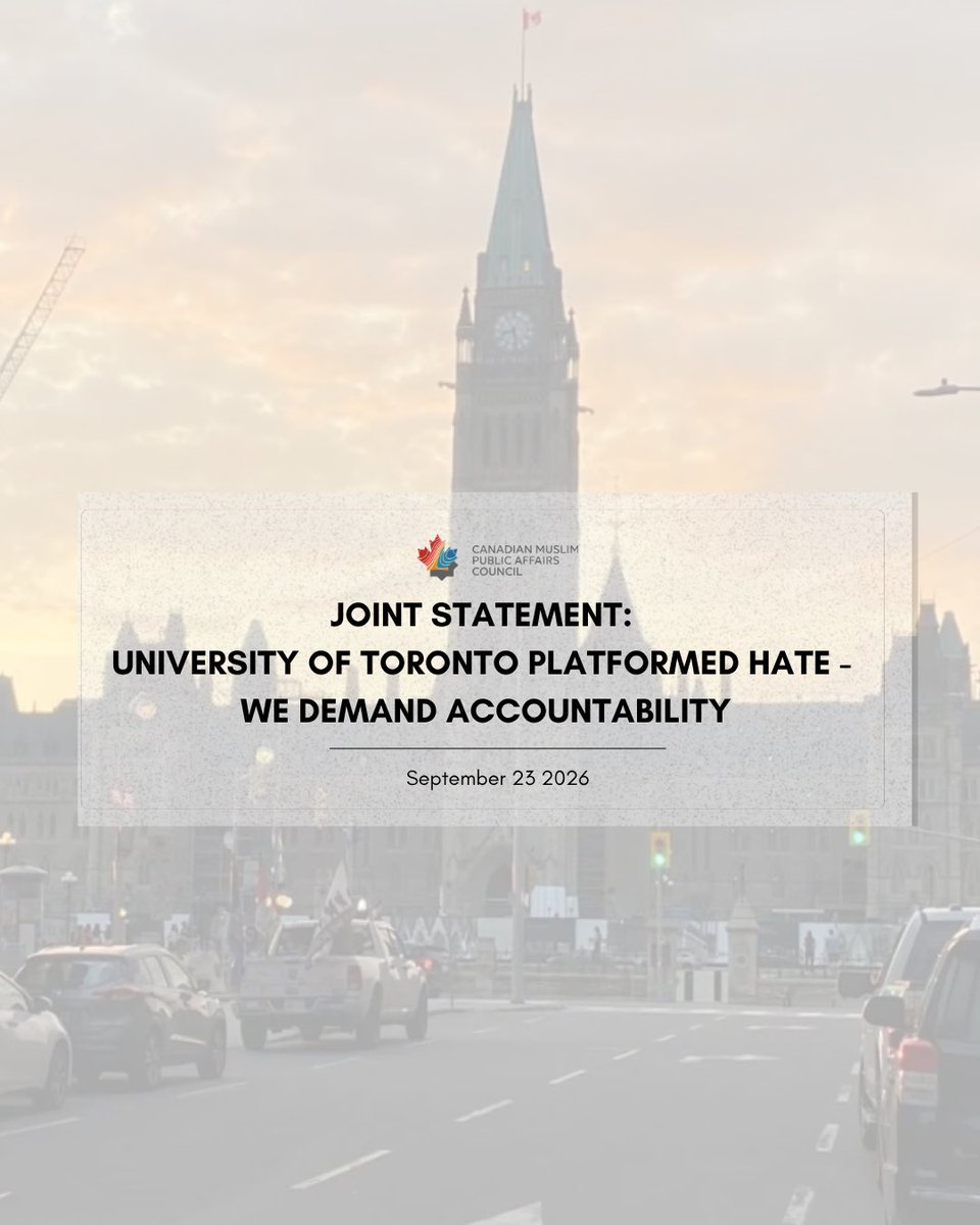 CMPAConline's tweet photo. In a joint statement, CMPAC along with community and civil society organizations, faith leaders, academics, and concerned citizens called on the University of Toronto to take accountability for the rhetoric platformed at its September 15 conference. The statement was signed by 80 organizations and individual signatories.

The joint statement raises concerns about Islamophobic and antisemitic rhetoric platformed at the conference, including the collective targeting of Muslims and anti-Zionist Jews. It calls on UofT President Melanie Woodin to publicly apologize, explain why she opened the conference and what institutional standards were applied, disclose UofT’s administrative and facilities support for the event, and meet directly with affected students and communities.

https://t.co/2gk2RxNXKb