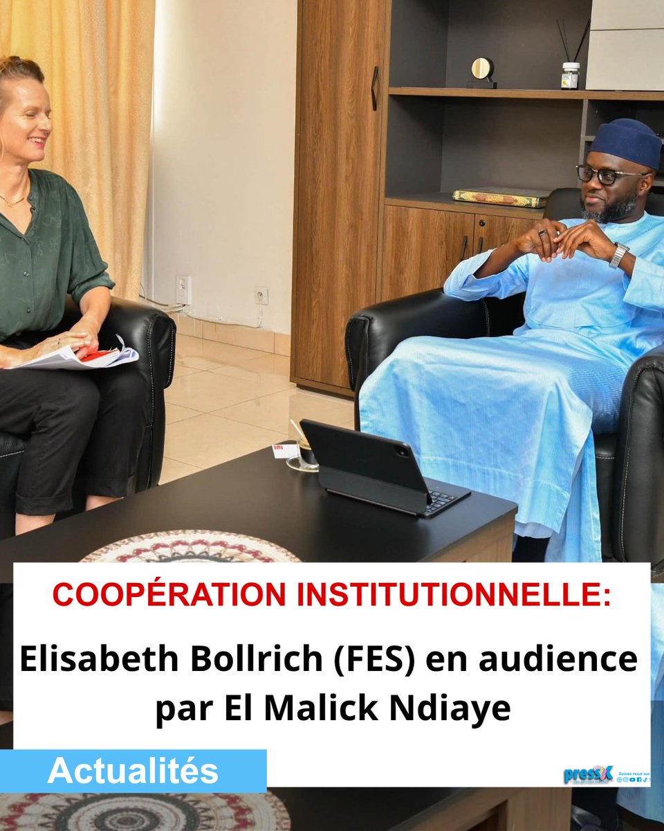 Pressafrik's tweet photo. Coopération institutionnelle : El Malick Ndiaye reçoit Elisabeth Bollrich (FES)

https://t.co/QiCaFGADq2

#Sénégal #ElMalickNdiaye #ElisabethBollrich #FES #Coopération https://t.co/ZqCWkM4RFY