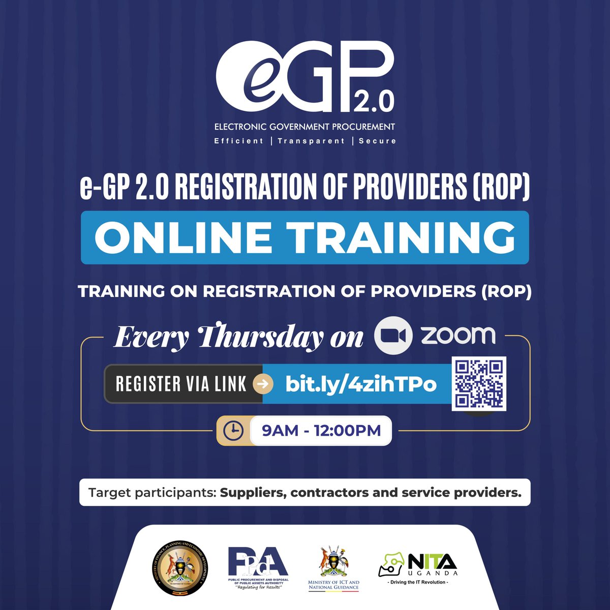 eGPUganda's tweet photo. Every Thursday!

The eGP2.0 registration of providers is still ongoing, all individuals and businesses that wish to do business with the government are welcome.
#ProcurementThatWorks https://t.co/OF7BptUnBz