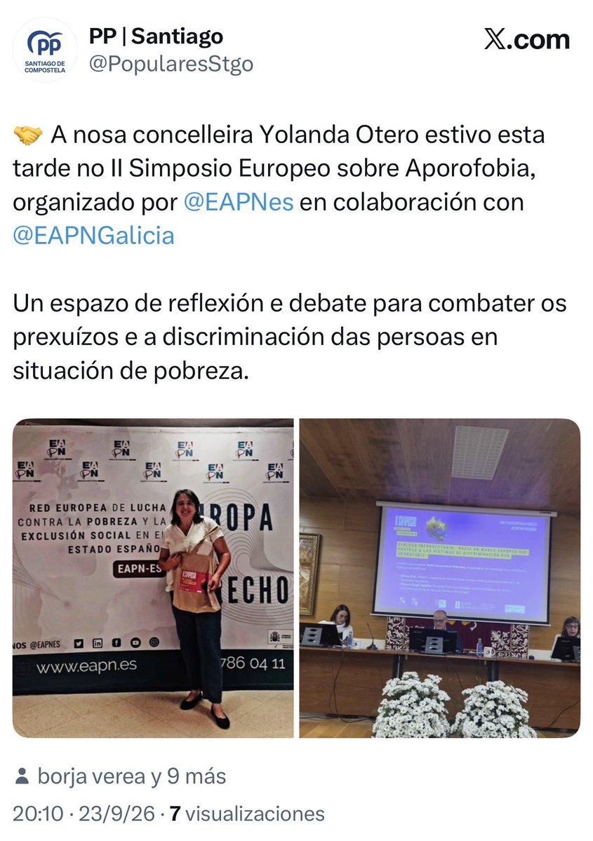 compostelaberta's tweet photo. Se alguén precisaba asistir a un simposio sobre aporofobia era o PP de Santiago.
Os mesmos, e a mesma concelleira, que convocaron á prensa diante dunha persoa sen fogar, utilizando a súa vulnerabilidade para atacar ao goberno de Santiago.

Nunca é tarde para aprender. https://t.co/8H03EezAJf