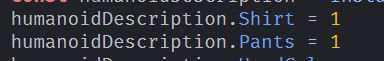 HttpPeter0's tweet photo. kind of interesting error I came across today while testing some things...

apparently you can't simultaneously have the same shirt ID and pants ID on a HumanoidDescription - the same ID could be attempted and even succeed on both separately, but it can't be on both at the same time