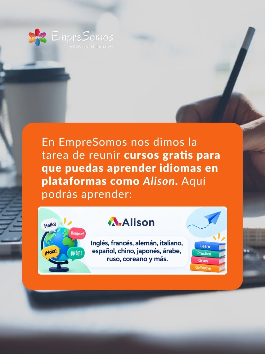 empresomos's tweet photo. ¿Quieres aprender un idioma gratis? 🌎
En EmpreSomos reunimos cursos de plataformas como Alison para que encuentres opciones de inglés, francés, alemán, italiano, chino, japonés, árabe, ruso, coreano y más.

Explora en https://t.co/tlXizjVLwi https://t.co/pBfNWS5FNr