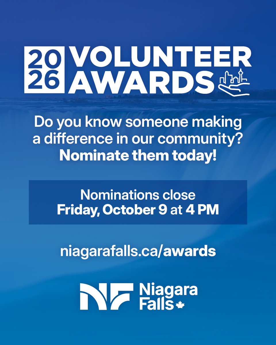 NiagaraFalls's tweet photo. Do you know someone making a difference in our community? 🌟

Nominations are open for the City of Niagara Falls 2026 Volunteer Recognition Awards, celebrating individuals, orgranizations, and businesses that give their time and talents to make a positive difference in our community. 

ℹ  Learn more, view award categories, and submit a nomination by Friday, October 9: https://t.co/Auc8XfWSuJ
