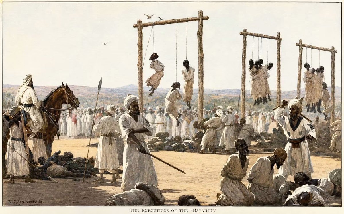 sudan_zaman's tweet photo. «إعدامات البطاحين»
لوحة شهيرة للرسام البريطاني ريتشارد كاتون وودفيل (Richard Caton Woodville، 1856–1927)، تستحضر واقعة دامية من عهد الخليفة عبد الله التعايشي، خليفة الإمام محمد أحمد المهدي، في أم درمان سنة 1888.

وبحسب رواية سلاطين باشا في «السيف والنار في السودان»، بدأت المواجهة عندما رفض البطاحين الضرائب والجبايات وأخذ الأموال والممتلكات التي فرضتها عليهم سلطة الخليفة. تمسكوا بموقفهم، فاعتبر رفضهم عصيانًا، وأُرسلت قوة لإخضاعهم انتهت بأسر نحو 67 رجلًا والحكم عليهم بالموت.

يتبع…