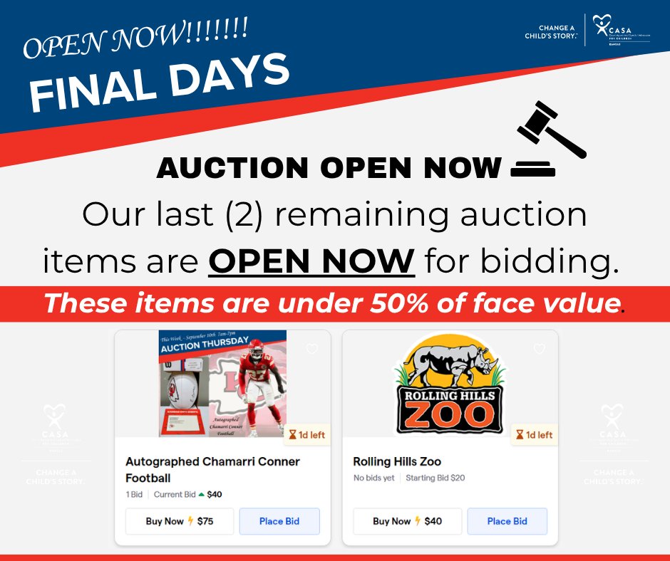 CASAkansas's tweet photo. Our (2) remaining auction items are up for grabs now!
BID HERE 👇 Auction ends Sept. 24th, 7pm
https://t.co/gNhbwt13qJ https://t.co/ZU2M3zFyyK
