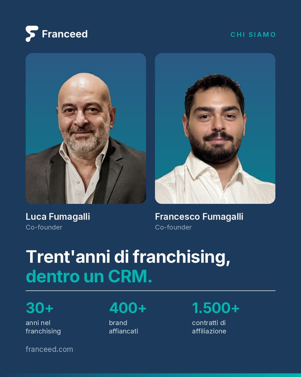 FranceedCRM's tweet photo. Franceed non è nato in un laboratorio di software.
Dietro ci sono 30 anni di sviluppo reti in franchising: 400+ brand affiancati e 1.500+ contratti di affiliazione. Padre e figlio, stesso metodo, trasformato in un CRM.

https://t.co/gmwVRqOJQk

#franchising https://t.co/YizExVDh6J