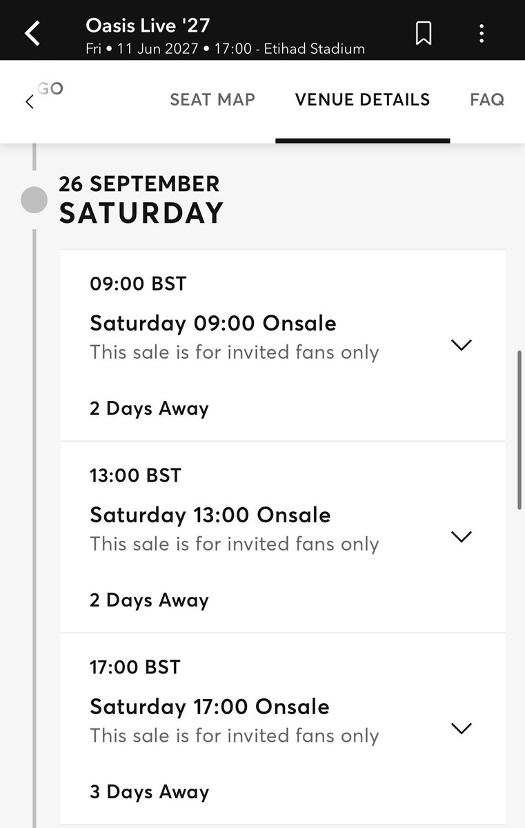 welsh7634's tweet photo. Dates and times have been released on Ticketmaster 😱 Good luck everyone ! Tomorrow is gonna be a long ass day 😭🤮🤣 #oasis #oasislive27 #oasis27 https://t.co/YoZw1jBmu7