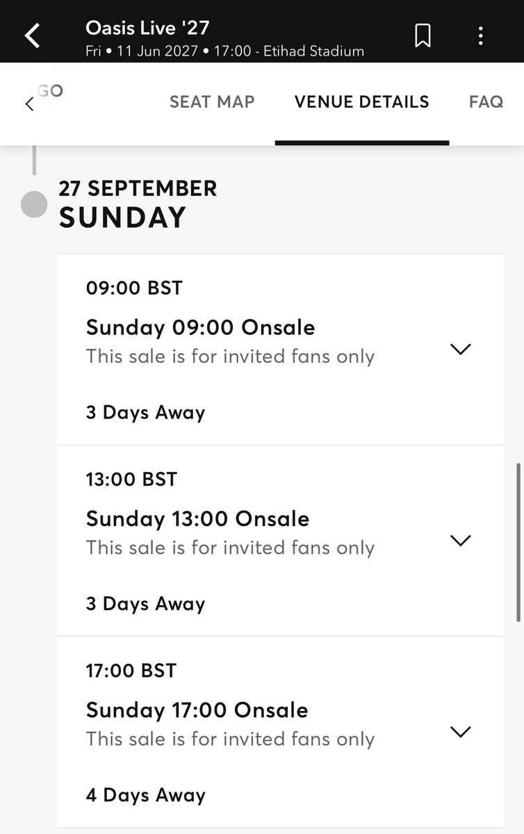 welsh7634's tweet photo. Dates and times have been released on Ticketmaster 😱 Good luck everyone ! Tomorrow is gonna be a long ass day 😭🤮🤣 #oasis #oasislive27 #oasis27 https://t.co/YoZw1jBmu7