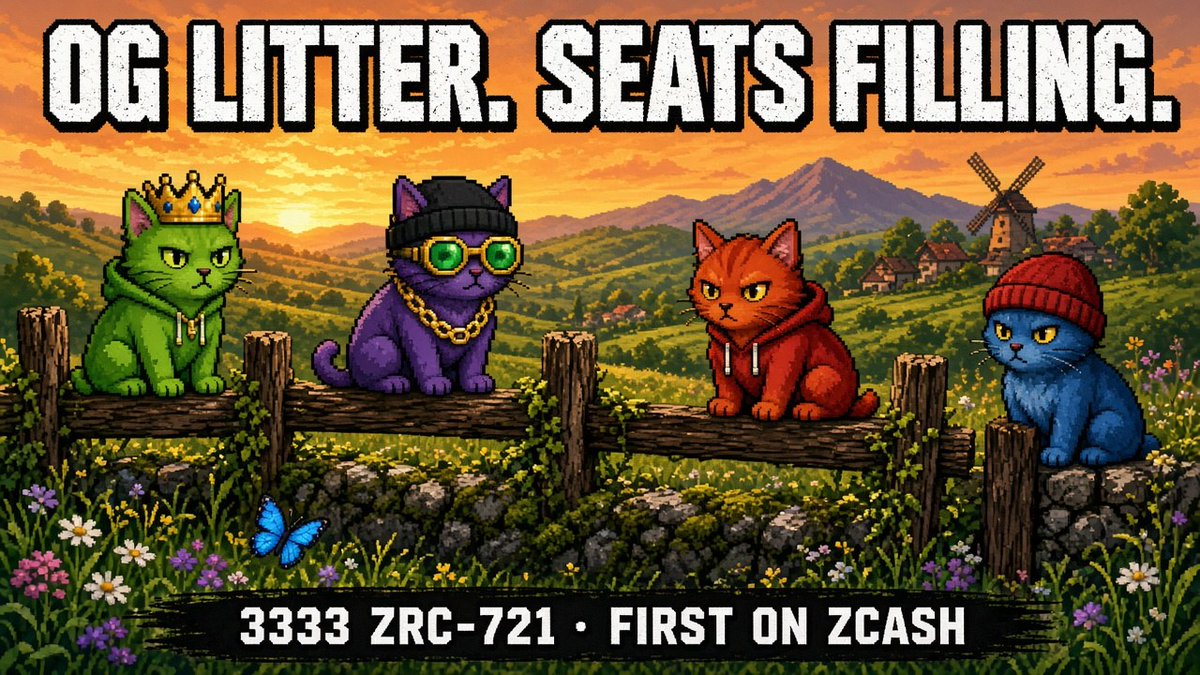 moneyplug99's tweet photo. OG LITTER. SEATS FILLING. 🐈‍⬛🔥⚡

@Zeccatnft first cats on Zcash — 3333 ZRC-721 👑💎
Privacy L1. Thick-outline drip. Golden hour forever 🔐🌅

Early or forever cope 👀🚀📈

#ZecCat #Zcash #NFT #Crypto #Privacy #Web3 https://t.co/tw0b1drvj5