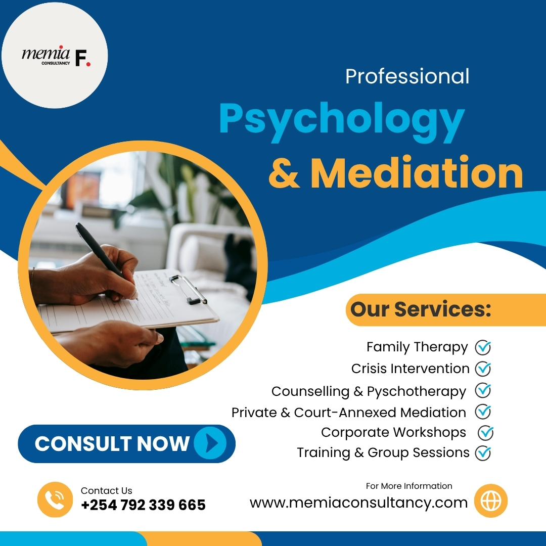 MemiaPsych's tweet photo. Professional Psychology &amp; Mediation Services at Memia Consultancy 🧠⚖️

• Family Therapy 
• Crisis Intervention 
• Counselling &amp; Psychotherapy 
• Private/Court-Annexed Mediation 
• Corporate Workshops &amp; Training

📞 +254 792 339 665 
🌐 https://t.co/zEgldimSfL https://t.co/XbBEo6tEwp