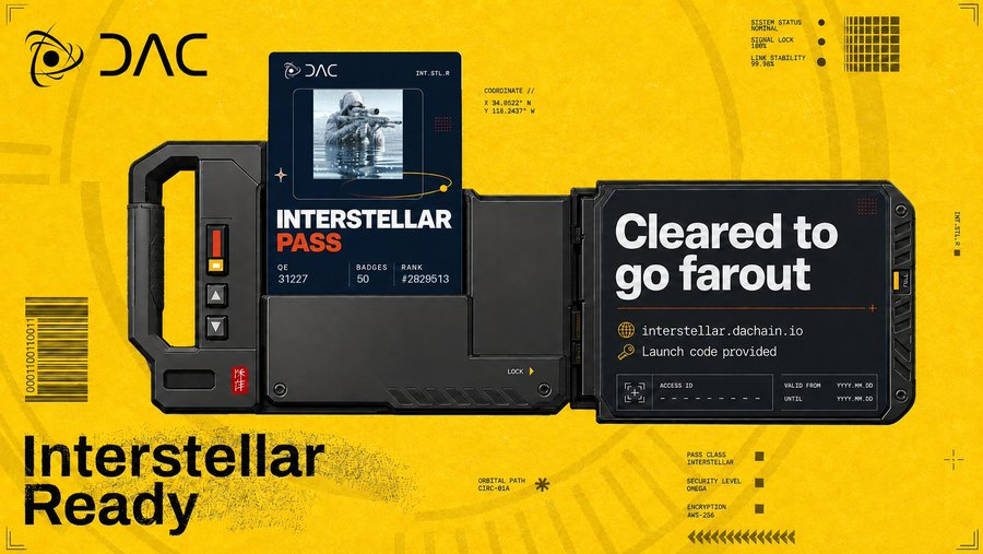 Stephenking_001's tweet photo. DAC is entering its next chapter. 🌌

Interstellar pre-registration is live complete the tasks, unlock your card, and secure your Hidden Launch Code.

$DACT Public Sale:
• $0.14/token
• $600K raise
• 100% unlocked at TGE
• Sept 23–25 on ChainGPT Pad

@dac_chain https://t.co/FmLorazSzH