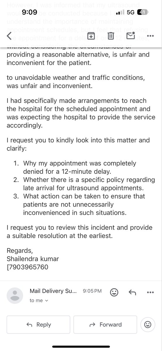 samdeol2015's tweet photo. @Medanta I had a 7 PM ultrasound appointment today. Due to heavy rain and traffic, I reached at 7:12 PM, but my ultrasound was refused for being 12 minutes late. Very disappointing patient service. Please look into this matter. #Medanta #PatientCare
@SHSBihar @BiharHealthDept https://t.co/PEElG09vE1