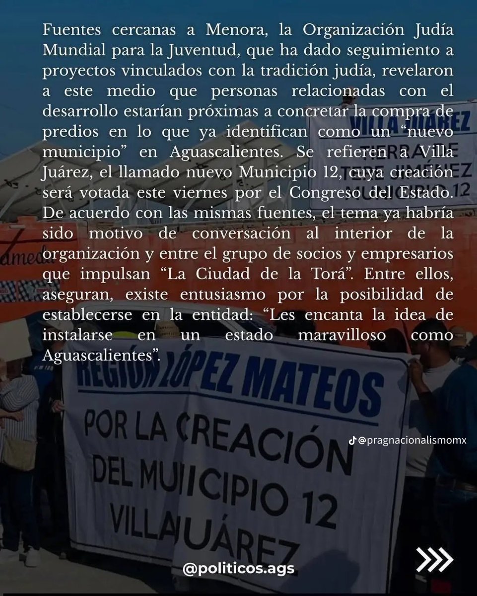 Saceci's tweet photo. 🚨Aguascalientes🚨

Crea un nuevo municipio para Israel, en Ixtapan se canceló. 

“La nueva Ciudad de la Torah”

Villa Juárez es oficialmente el municipio número 12 del estado de Aguascalientes. 

Aprobado el 28 de agosto de 2026 por el Congreso del Estado de Aguascalientes. https://t.co/5UaI5nOw7k