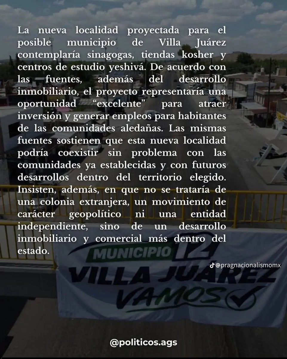 Saceci's tweet photo. 🚨Aguascalientes🚨

Crea un nuevo municipio para Israel, en Ixtapan se canceló. 

“La nueva Ciudad de la Torah”

Villa Juárez es oficialmente el municipio número 12 del estado de Aguascalientes. 

Aprobado el 28 de agosto de 2026 por el Congreso del Estado de Aguascalientes. https://t.co/5UaI5nOw7k
