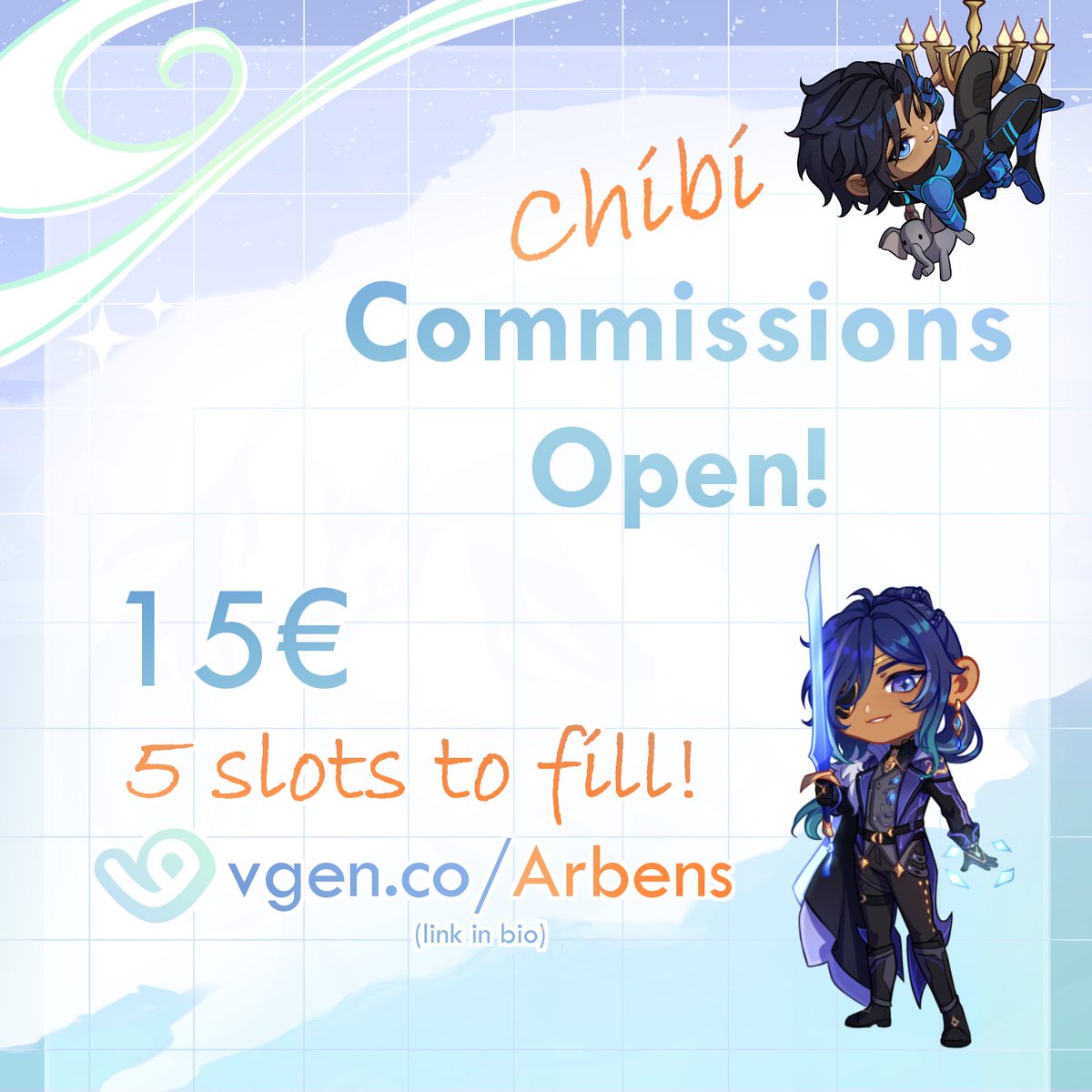 arbensart's tweet photo. ✨ Chibi Commissions Open!
The post is a bit rushed so I'll probably make a proper one soon but I opened chibi commissions on VGen!
If you'd like one in my style, that's where you can get it! Any character from any fandom!

VGen:
https://t.co/OcPHykSh8O

 #commissions https://t.co/cksQ8sa8f0