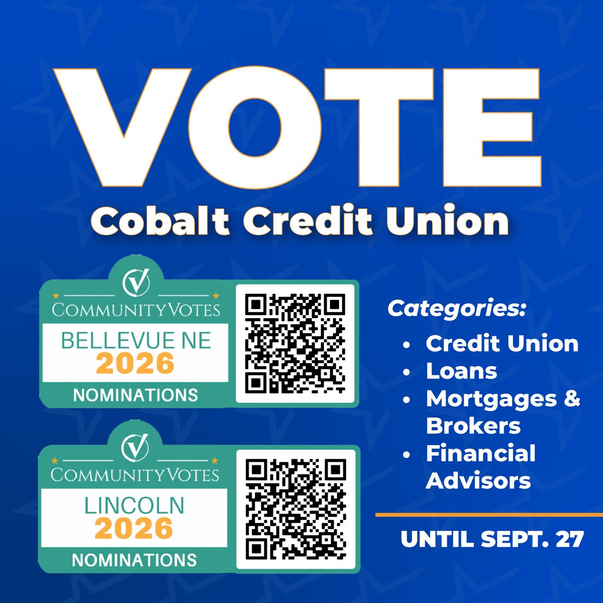 cobaltcu's tweet photo. ONLY 5 DAYS LEFT! 📢
Vote Cobalt Credit Union for: Best Credit Union, Bank, Loans, Mortgages &amp; Brokers, and Financial Advisors.

🔗Lincoln CommunityVotes: https://t.co/LhfOi2Ubhl
🔗Bellevue CommunityVotes: https://t.co/K9NsL1LYad https://t.co/edQVZ4t1Y2