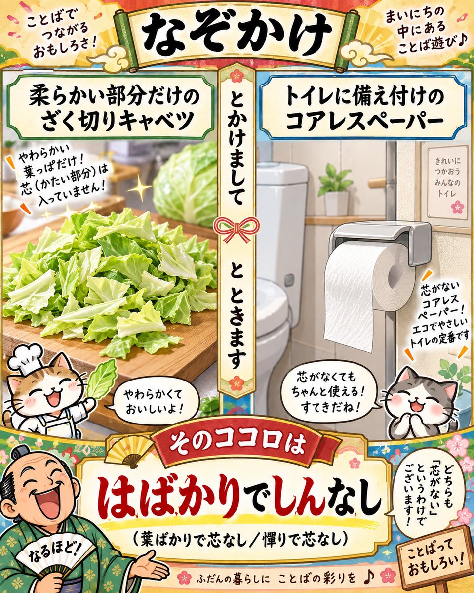 nazo_KAke002's tweet photo. なぞかけ#065
柔らかい部分だけのざく切りキャベツ
とかけまして
トイレに備え付けのコアレスペーパー
とときます

そのココロは
はばかりでしんなし(葉ばかりで芯なし/憚りで芯なし) https://t.co/bTFPaxeYCI