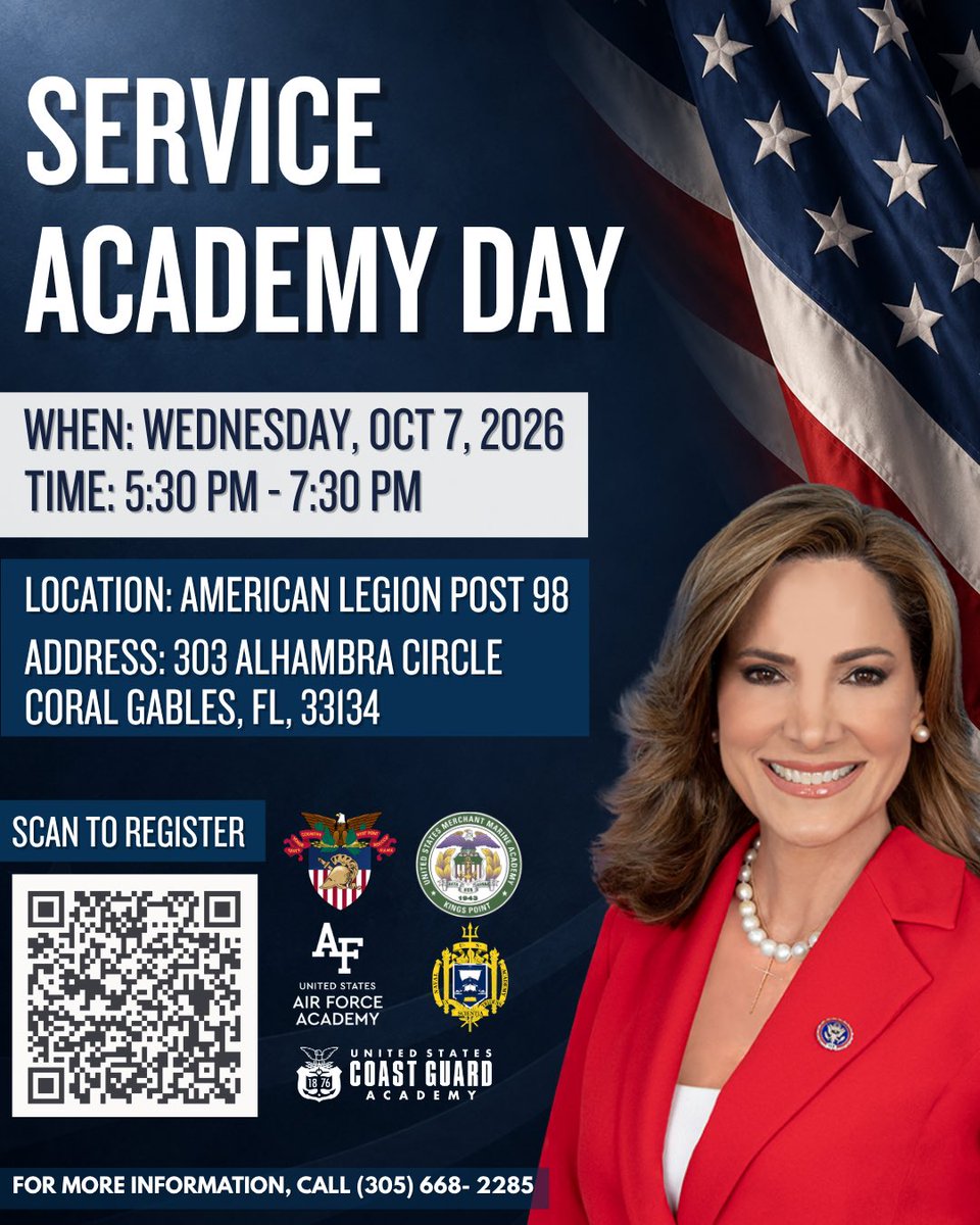 RepMariaSalazar's tweet photo. 🇺🇸 Could a U.S. Service Academy be in your future?

On October 7, I’m hosting Service Academy Day in Coral Gables for students and families interested in learning what it takes to attend one of our nation’s Service Academies.

Come hear more about the academies, the admissions process, and how to pursue a congressional nomination.

For young people ready to push themselves, serve our nation, and answer the call to leadership, this is a great place to start.

📅 October 7
⏰ 5:30–7:30 PM
📍 American Legion Post 98, Coral Gables

Scan the QR code or use the link below to register.

I hope to see you there! 🇺🇸