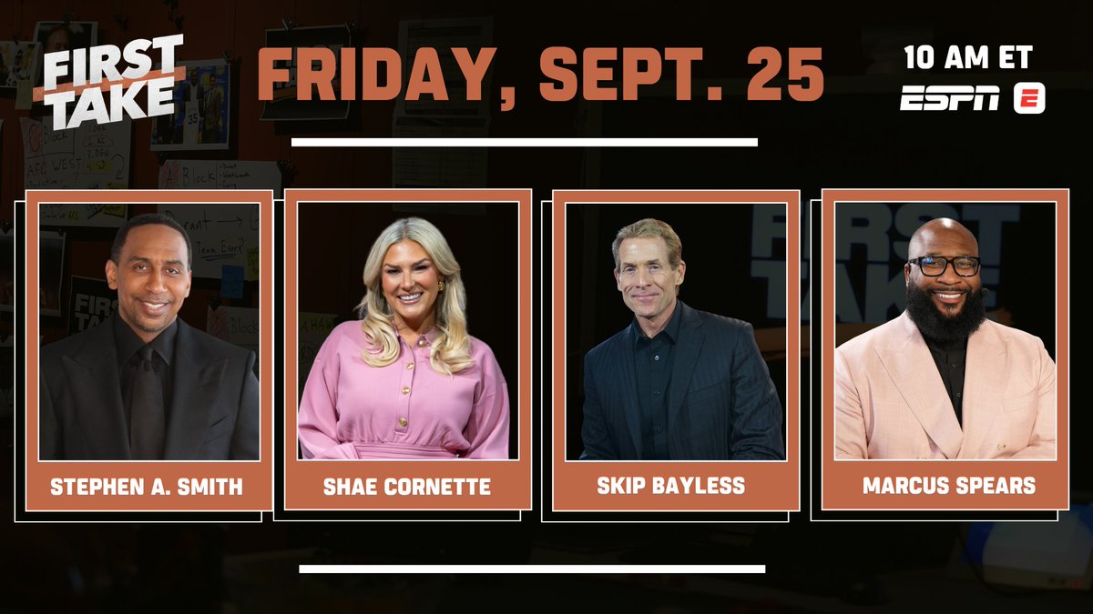 ESPNPR's tweet photo. Friday, @RealSkipBayless returns to @FirstTake with @stephenasmith, @shaepeppler &amp; Marcus Spears all from remote locations

🇧🇷 SAS | Rio de Janeiro
🌴 Bayless | Los Angeles
🤠 Spears | Dallas
🗽 Cornette | New York https://t.co/OOUcC0JX8m