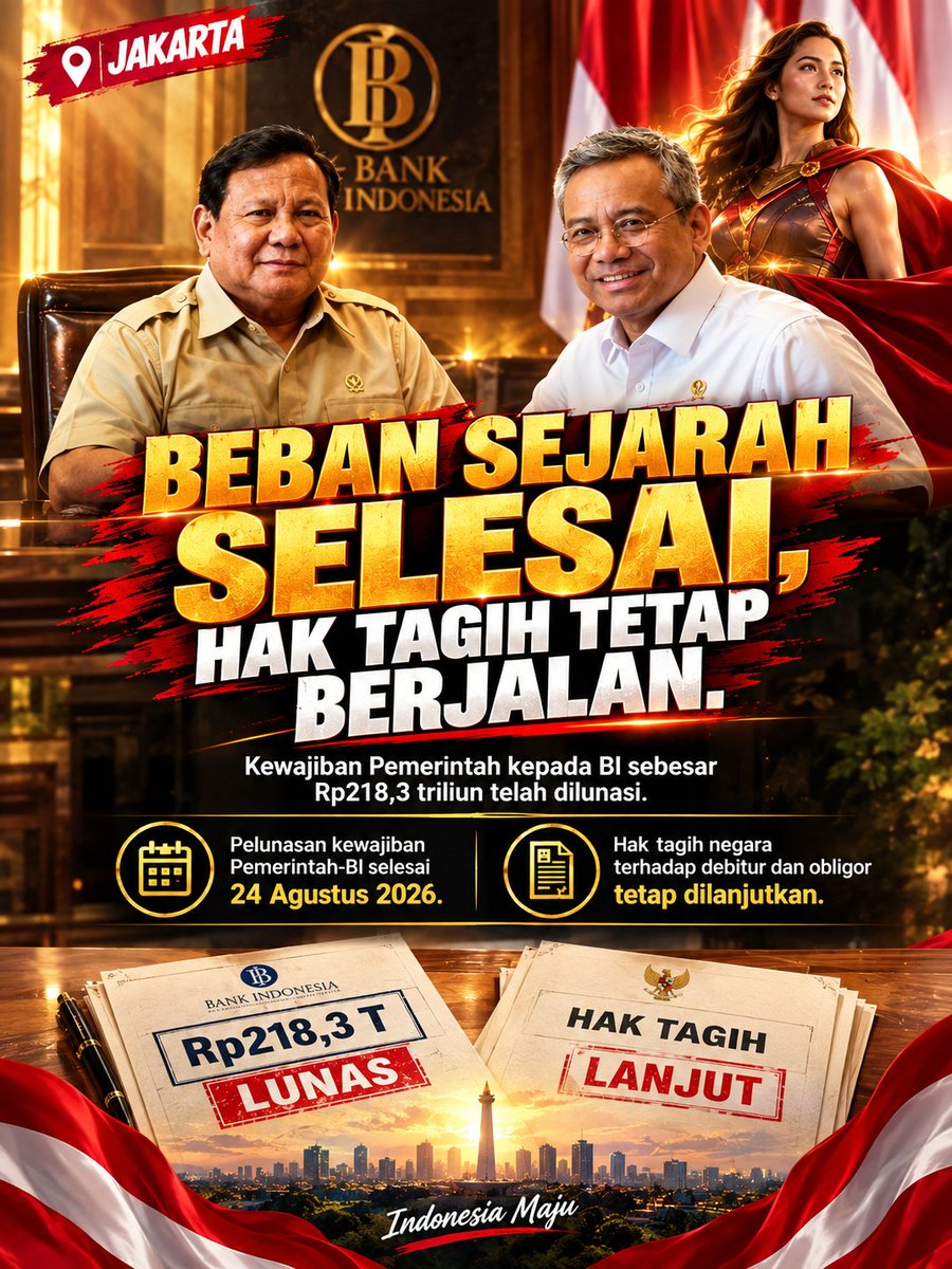 WomanBersabda_'s tweet photo. KEUANGAN NEGARA MAKIN KOKOH!

Rekor sejarah! Beban krisis 1998 resmi ditutup.

Presiden Prabowo buktikan ketegasan: lunasi utang negara ke BI, lalu buru aset pengusaha nakal sampai ke akar-akarnya!

#JagaIndonesia #Menkeu #UtangNegara #Krisis1998 #KeuanganNegara https://t.co/fstpfnL8dK