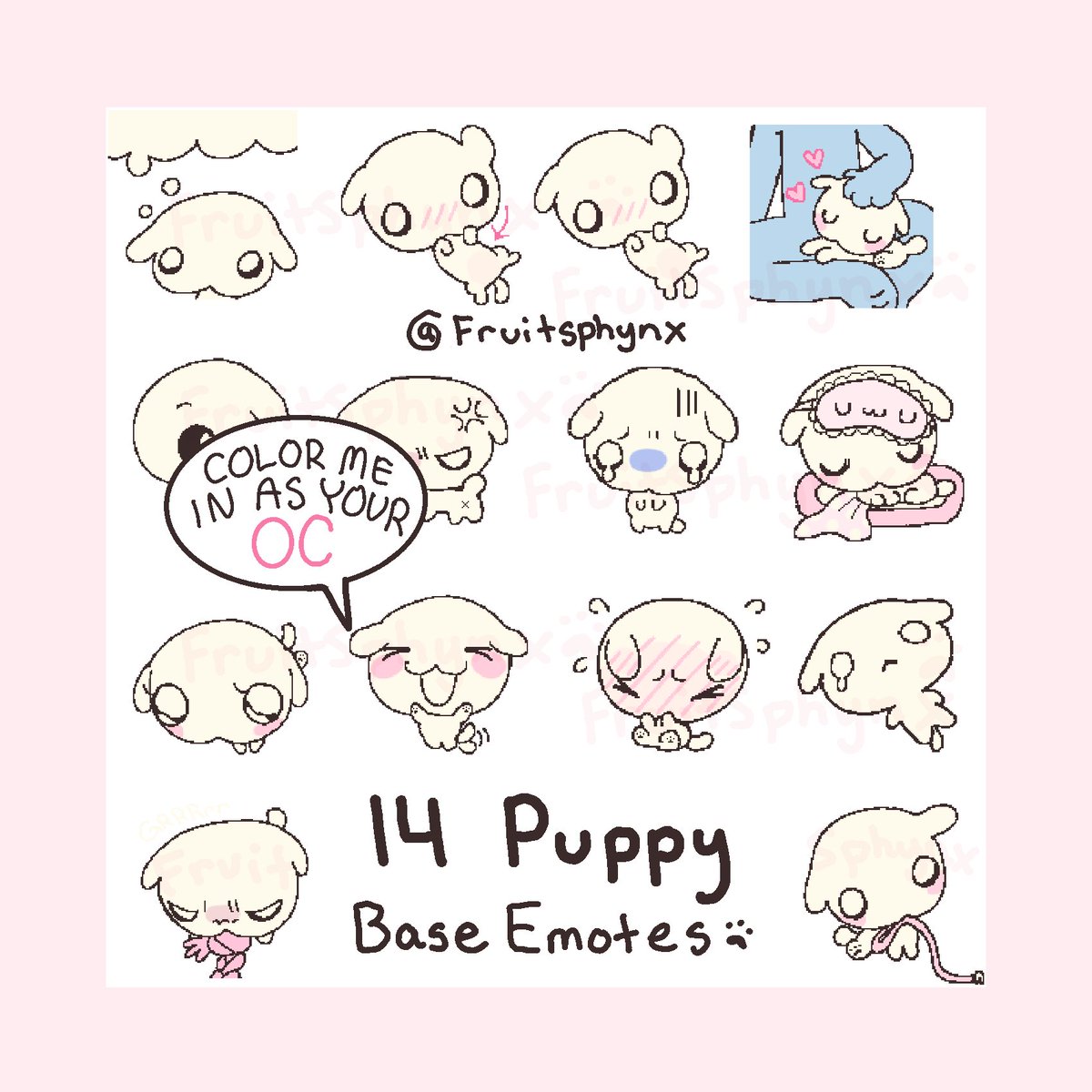 fruitsphynx's tweet photo. PUPPY EMOTE PACKS + BASES FOR SALE 🤍🪽
check out my vgen shop to purchase! 💬
🐾 -> https://t.co/JKz0UybAgE
…
#enotepack #stickerpack #doggirl #dogboy #kawaii https://t.co/0TF3ugiq6q