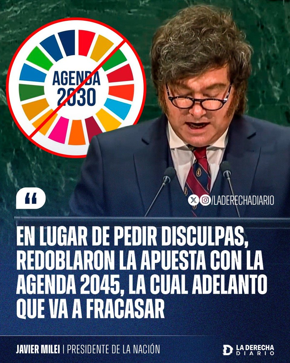 laderechadiario's tweet photo. 🚨🇦🇷🇺🇳 | URGENTE — MILEI EXPLOTÓ CONTRA LA ONU POR LA FRACASADA AGENDA 2030

“En lugar de pedir disculpas, redoblaron la apuesta con la Agenda 2045, la cual adelanto que va a fracasar". https://t.co/rel58M4Jfo