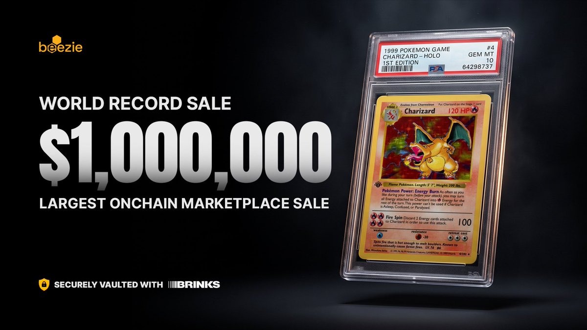 dachshundwizard's tweet photo. WORLD RECORD SALE. 🔥

A PSA 10 1st Edition Base Set Charizard just sold for $1,000,000 on Beezie.

The previous record was $954,800 at Goldin, and that included a $184,800 buyer’s premium. The winning bid itself was $770,000. https://t.co/y4ZbX7GDKe