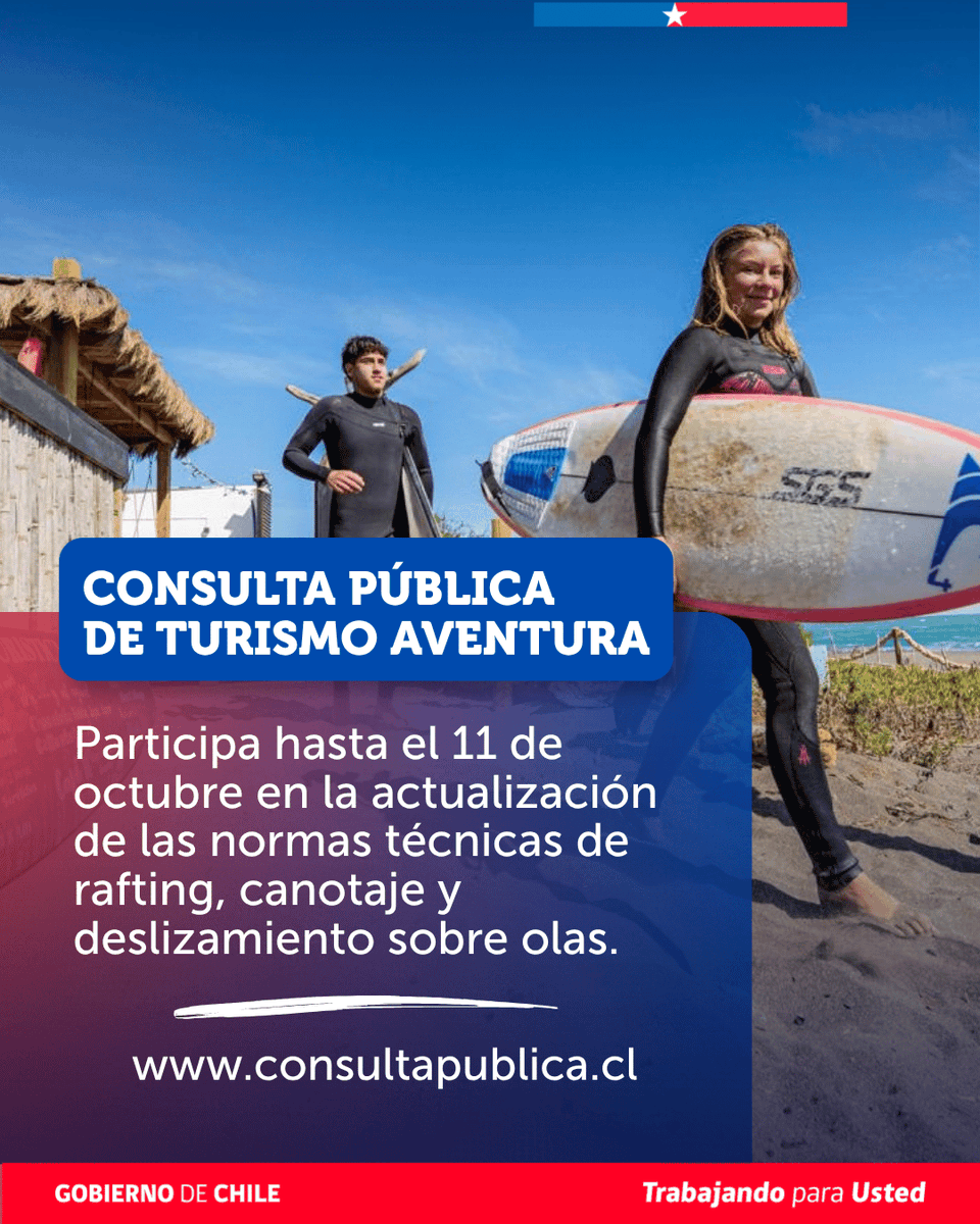 Sernatur's tweet photo. 🌊🏄‍♂️🛶Ya está abierta la consulta pública para la actualización de las normas técnicas de:
- Descenso en balsa o rafting (NCh2991:2006)
- Canotaje (NCh2996:2006) 
- Deslizamiento sobre olas (NCh3023:2006)

🙋‍♀️Participa hasta el 11 de octubre en https://t.co/diFpWr0jlJ https://t.co/9n99haTnRb