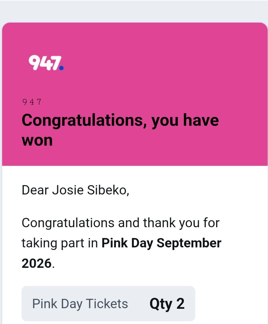 JosieSibekoZA's tweet photo. Thank you @947 for making my birthday (24 September) 🎂 special. Come Sunday I'll be at the Wanderers stadium cheering the Proteas against the Ausies. I couldn't have asked for more. @TheZweli https://t.co/Fzpq9KENBX