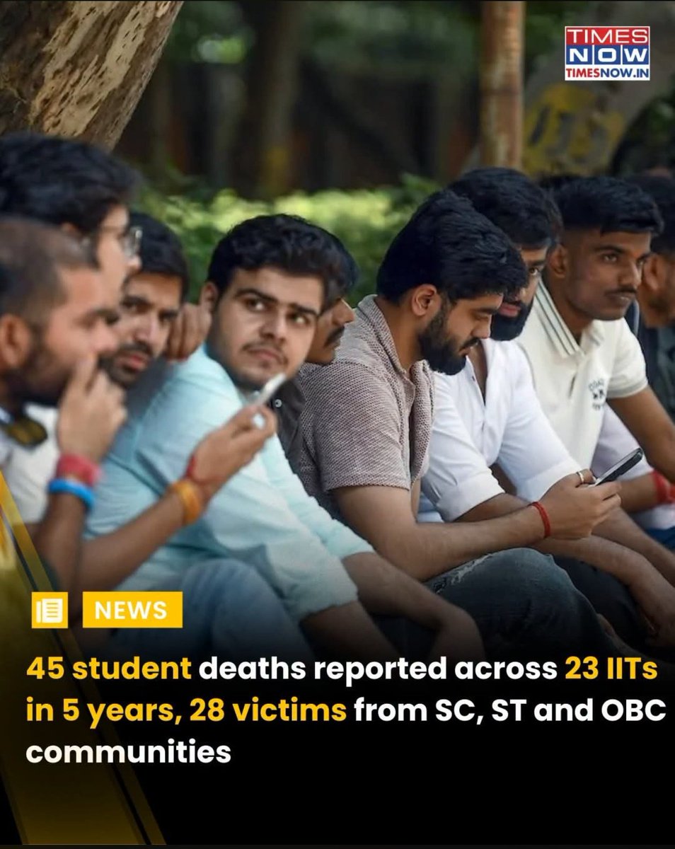 md_deepesh's tweet photo. Look at this newsflash from @TimesNow carefully.
It looks completely innocent.

45 student suicides.

Then comes the highlighted line:
28 “Victims” from SC, ST and OBC.

Sounds powerful.

Now let me show you what disappeared from the graphic.

General Category: 16
OBC: 12
SC: 9
ST: 7
EWS: 1

Interesting, no?

If we compare every category separately:
General Category has the highest number.

Sixteen.

But somehow that number did not deserve the headline.
Apparently, some deaths need caste labels.
Some deaths can remain in the background.

Are those 16 students less human?
Did their parents cry differently?
Was their mental health less important?

This is exactly how narratives are built.
You don't always need to lie.
Sometimes you just highlight one number.

And quietly hide another.

The Constitution begins with equality before law under Article 14.

Article 15 prohibits discrimination on grounds including caste.

Yet even a student suicide is now presented through selective caste arithmetic.

SC student dies.
National debate.

ST student dies.
National debate.

OBC student dies.
National debate.

General-category student dies.
Not even a footnote.

45 young Indians died.
That should have been the headline, TimesNow.

Not 28.
Not 16.

Not SC.
Not ST.
Not OBC.
Not General.

45 students of Bharat.

If we cannot even mourn children equally, perhaps the problem inside our country is much deeper than we think.