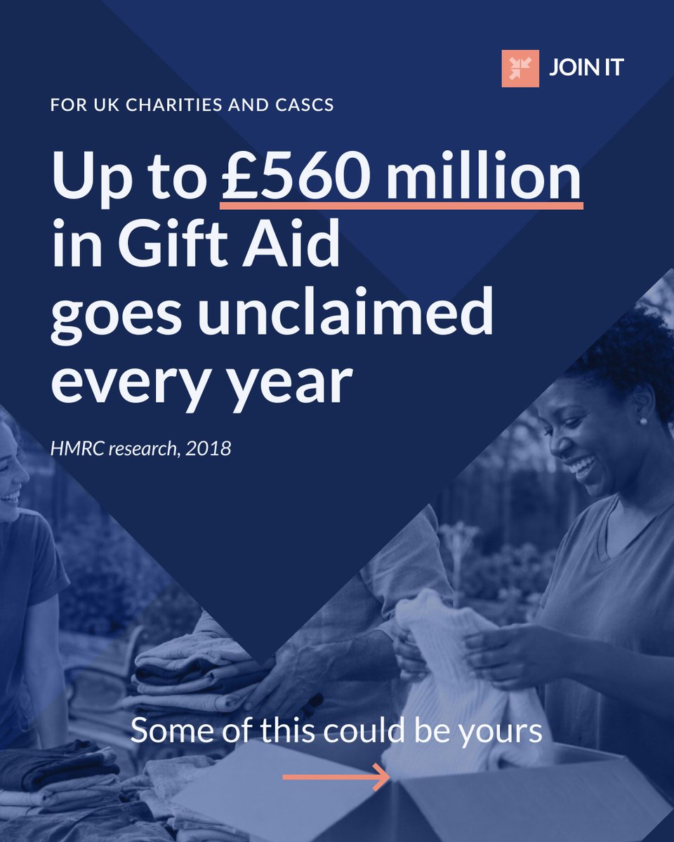 Joinit's tweet photo. Gift Aid, with less admin. UK charities and CASCs can now collect declarations at donation checkout with Join It. Your donor ticks one box; we prepare the HMRC claim file; you review and upload it.

Get started: https://t.co/03UoNb7S9O https://t.co/lNx5pVQzcq