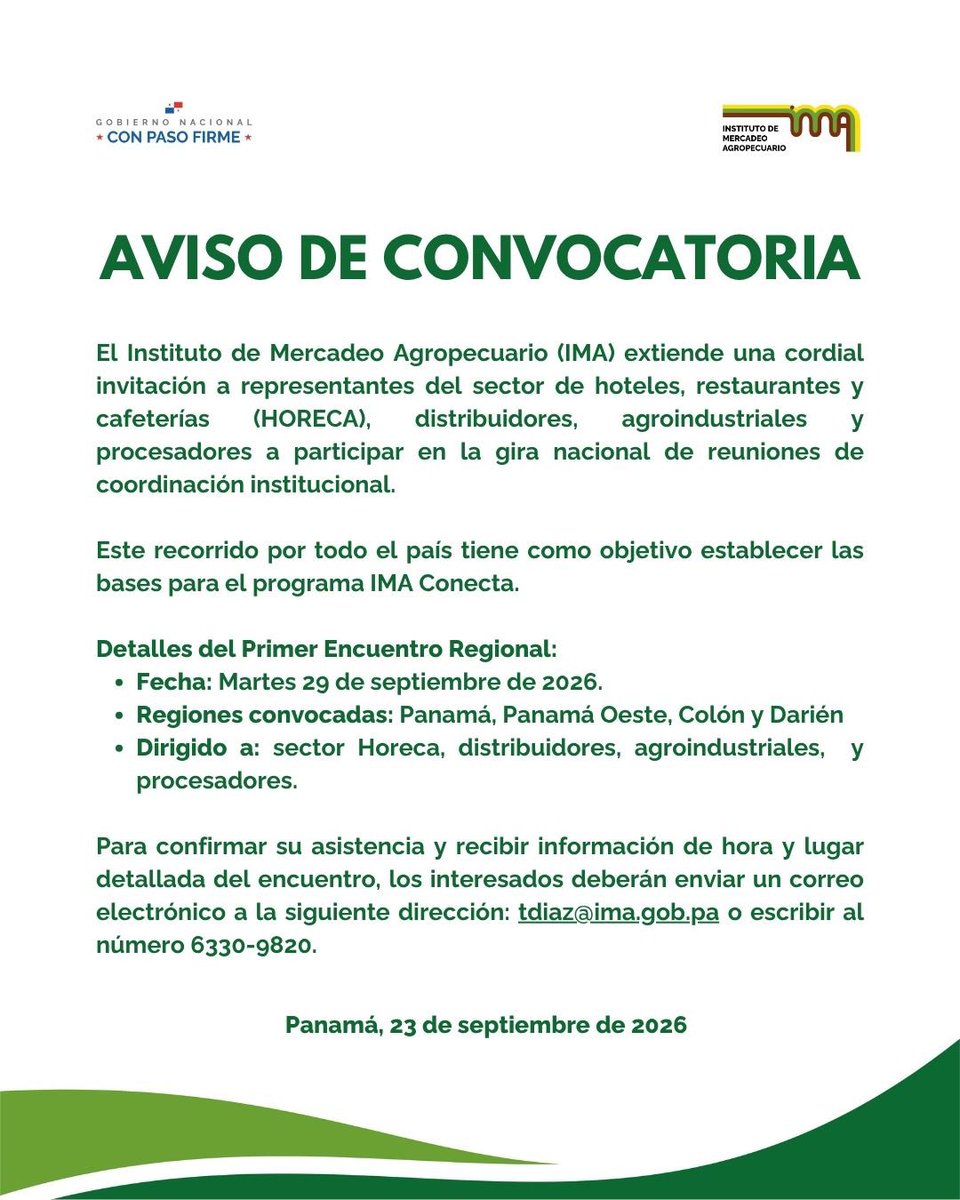 IMA_Pma's tweet photo. El IMA extiende una invitación a representantes del sector de hoteles, restaurantes y cafeterías (HORECA), distribuidores, agroindustriales y procesadores a participar en la gira nacional de reuniones de coordinación institucional. #ConPasoFirme https://t.co/QE9FnMsi0E