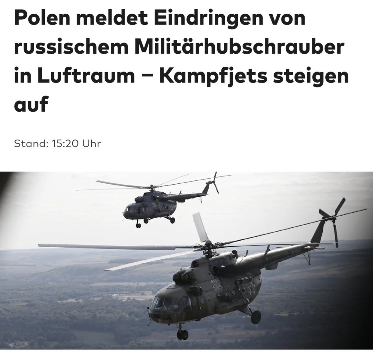 ZStadtfux's tweet photo. Zuerst flog eine Drohne nahe an NATO-Gebiet. Später viele.

Dann flog eine Drohne ins NATO-Gebiet. Später viele.

Heute flog ein Militär-Hubschrauber ins NATO-Gebiet...

Putin verschiebt die Grenzen des Machbaren. Er wird nicht aufhören, bis man ihm Grenzen setzt. https://t.co/Gvh0KG2lWg