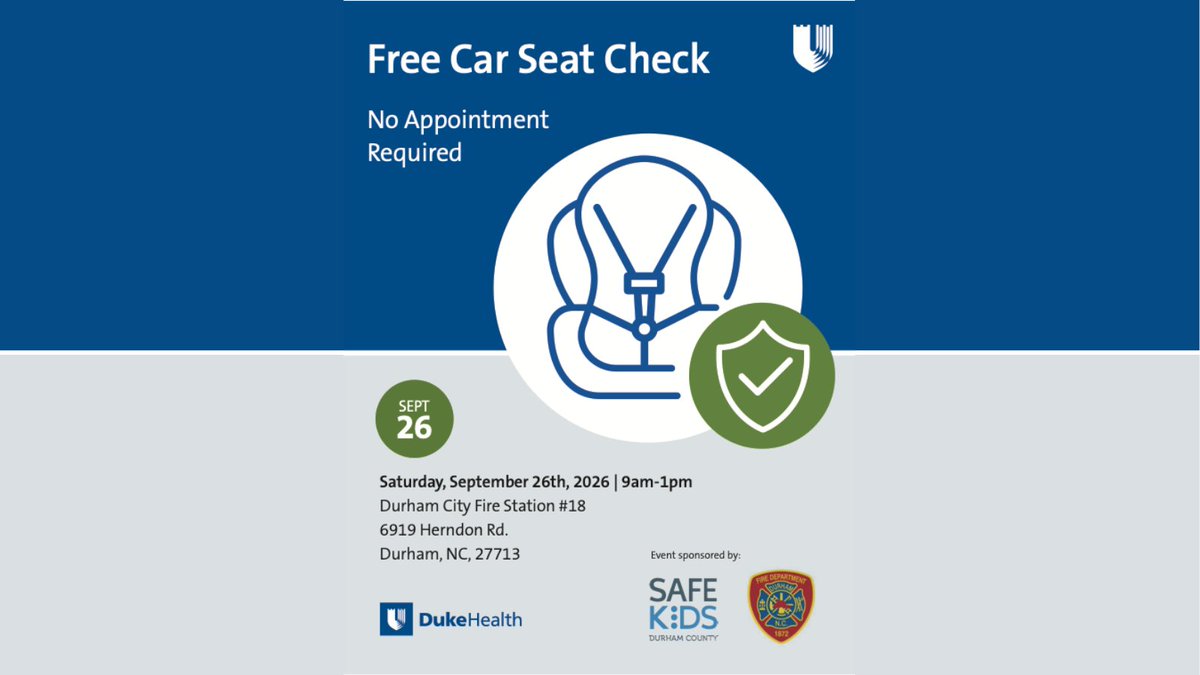 DukeHealth's tweet photo. Is your child's car seat installed correctly?
Join us Sept. 26 for a free car seat check and get guidance from certified child passenger safety technicians to help keep your child safer on every ride.
https://t.co/6qehER3UGY
#CarSeatSafety #ChildPassengerSafety #SafeKids https://t.co/bnqe6eJhLu