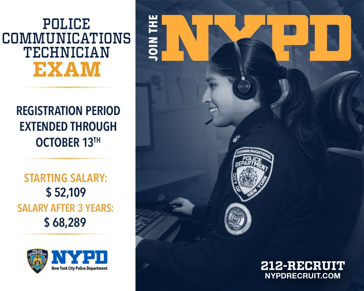 NYPD111Pct's tweet photo. Interested in joining the NYPD as a Police Communications Technician? 
Registration has been extended through October 13th. Learn more and take the next step toward a career with the NYPD at https://t.co/zyKdCQkiML. https://t.co/NoDaE6tyHi