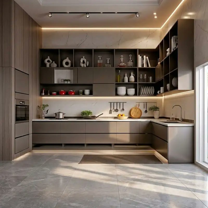 amaninteriors53's tweet photo. Bathed in sunlight, this moody, luxurious kitchen features dark, fluted wood cabinetry. Above the marble-patterned backsplash, an artistic cluster of organic glass pendant lights sparkles like celestial forms, while a traditional Persian rug anchors the space with warmth. https://t.co/52nvymdq90