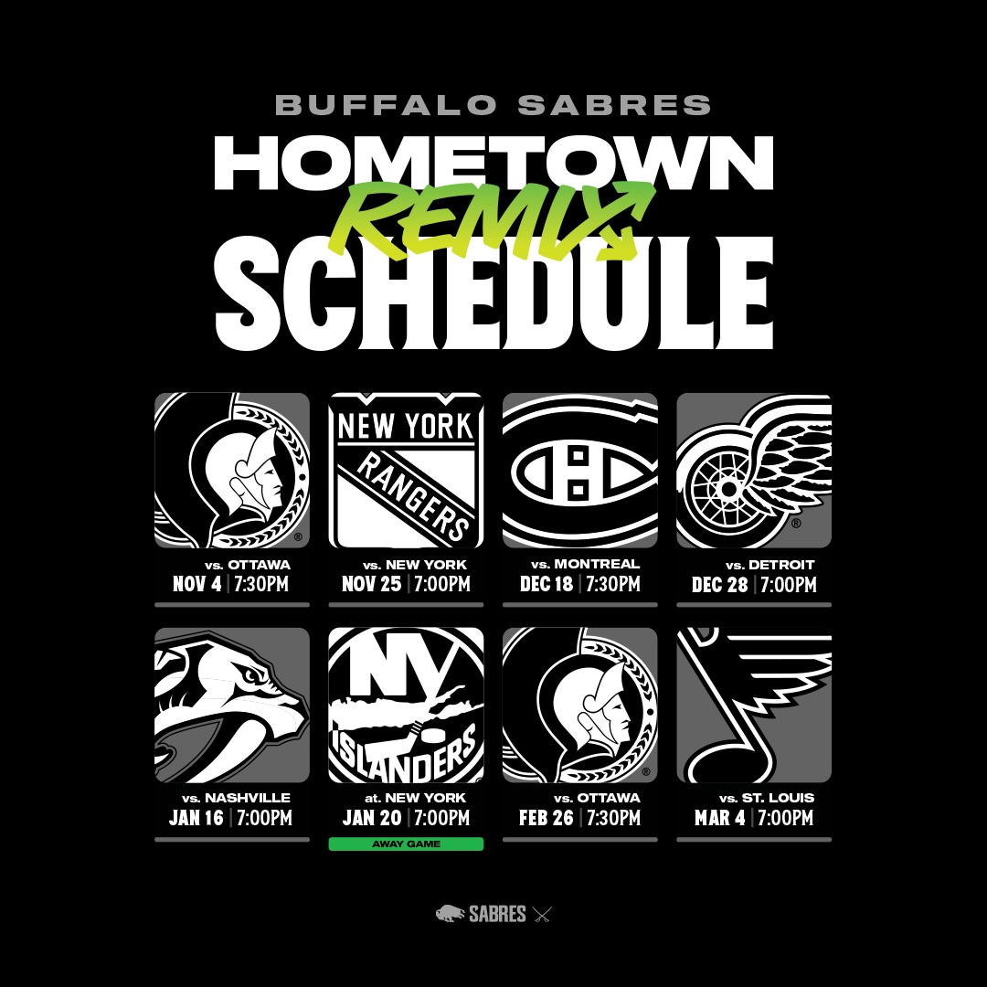BuffaloSabres's tweet photo. Mark your calendar! 🗓️

Our alternate jersey schedule is here → https://t.co/zUCpANMpNp