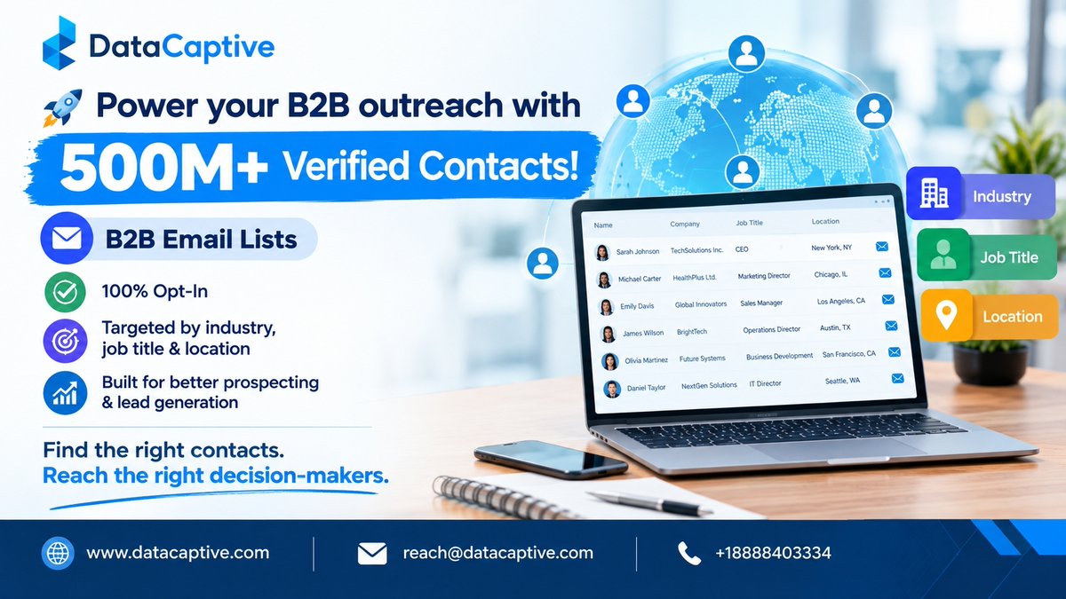 datacaptive's tweet photo. 🚀 Power your B2B outreach with 500M+ Verified Contacts!

📧 Verified B2B Email Lists
✅ 100% Opt-In
📈 Built for better prospecting &amp; lead generation

Find the right contacts. Reach the right decision-makers: https://t.co/HcY3hS5xjm

#LeadGeneration #B2BData #EmailList #B2BLeads https://t.co/Ag1MuELzYB