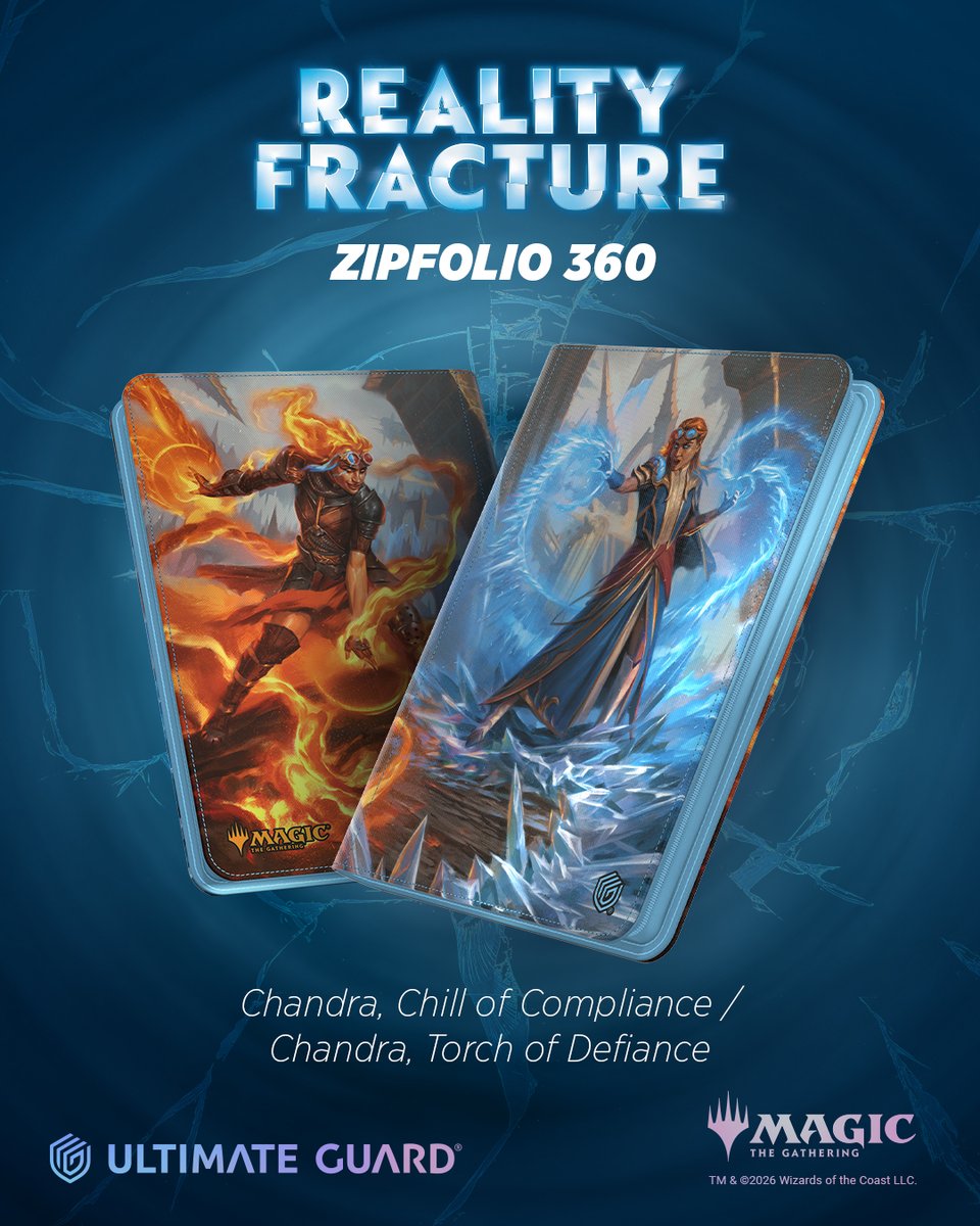 UltimateGuard's tweet photo. Three visions. One fractured reality.
Our new Zipfolio 360+ lineup arrives in three striking artworks, ready to protect your collection while bringing the set's unique look to every binder. Not much longer now. #UltimateGuard  #MagicTheGathering #RealityFracture https://t.co/UJuKXhdRHM