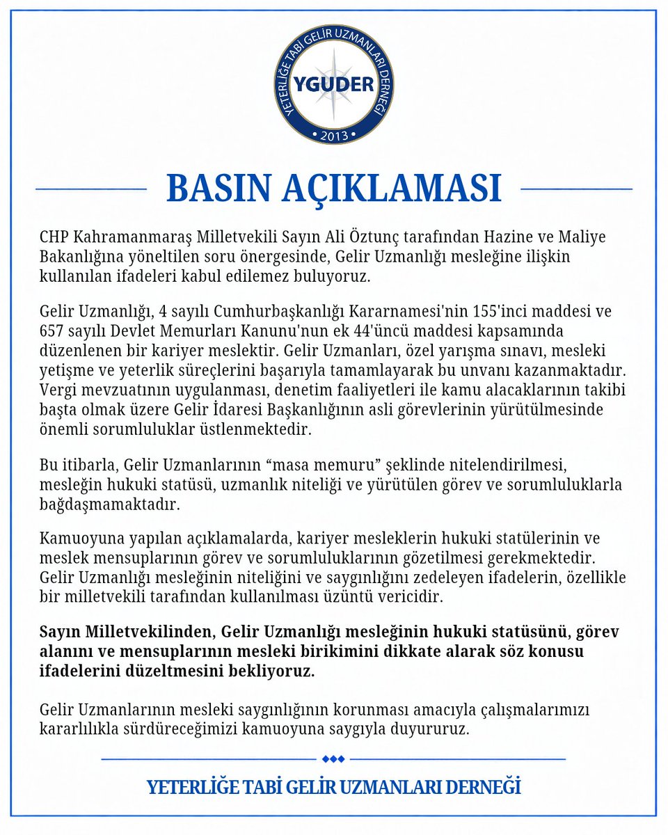 yguder2013's tweet photo. CHP Kahramanmaraş Milletvekili Sayın Ali Öztunç’un Gelir Uzmanlığı mesleğine ilişkin açıklamalarına karşı Derneğimiz tarafından basın açıklaması yapılmıştır.

Mesleğimizin hukuki statüsüne ve saygınlığına yönelik söz konusu ifadelere ilişkin açıklamamızı kamuoyunun bilgisine sunarız.

@Ali_Oztunc