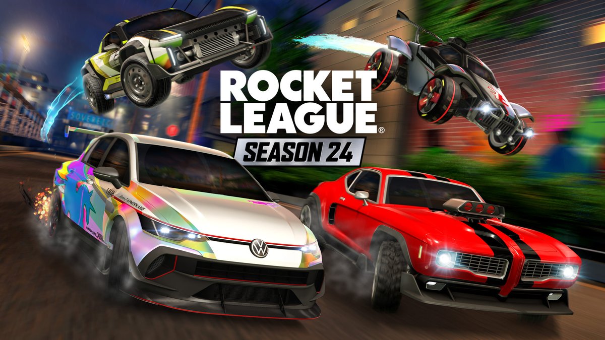 RocketLeague's tweet photo. SEASON 24 BEGINS NOW! 
• Honor Duel
• Run It Up LTE
• New Rocket Pass
• MVP Focused Podium
• Bullet Ball LTM
• Updated KBM Controls

AND MUCH MORE! Take it to the streets 💨 https://t.co/QruJl3NoqE