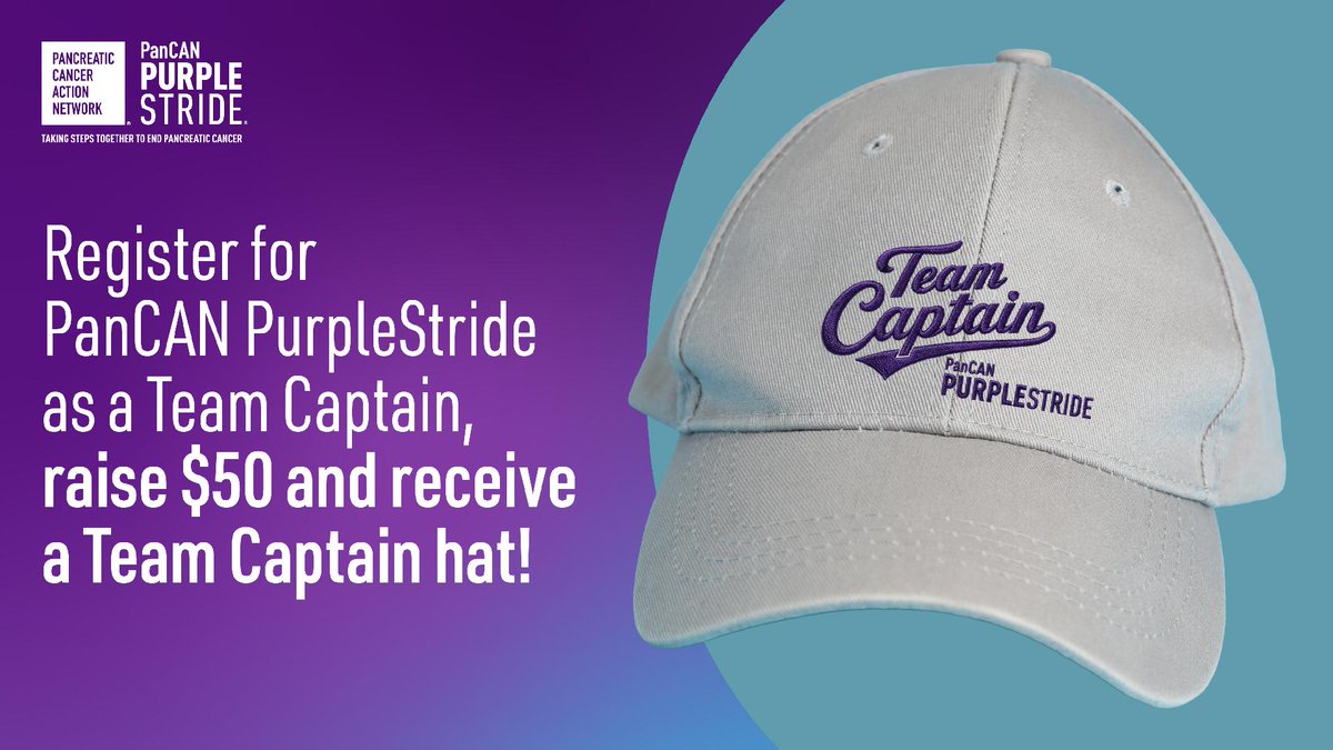 PanCAN's tweet photo. #PanCANPurpleStride 2027 is happening Saturday, April 24, and we want our Team Captains back — and looking good! 💜

Register as a Team Captain, raise $50+ toward your personal fundraising goal by Friday, October 9, and you’ll earn a limited-edition Team Captain hat, perfect for wearing at PurpleStride! 

Visit 🔗 https://t.co/cqvqu4a0Iv to register today!