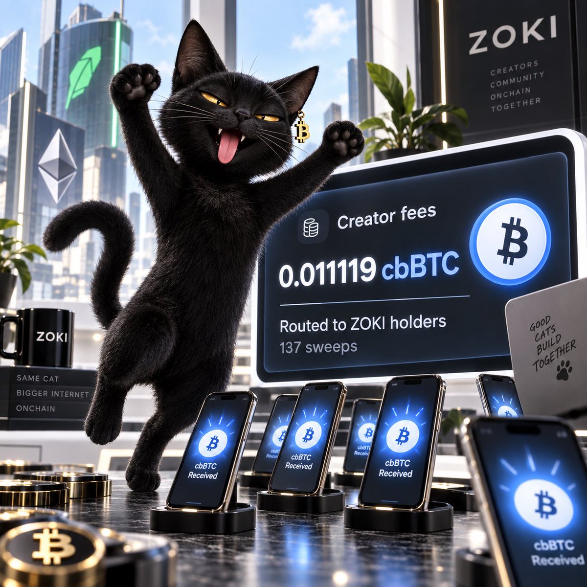 ZokiEth's tweet photo. Zoki just checked the numbers and nearly dropped his controller. 🎮🐈‍⬛

Since launching on Robinhood Ethereum, ZOKI has generated 0.011119 cbBTC in creator fees across 137 sweeps, routed to holders through the fee distributor.

The cat is excited. The wallets have the receipts. ₿

$ZOKI