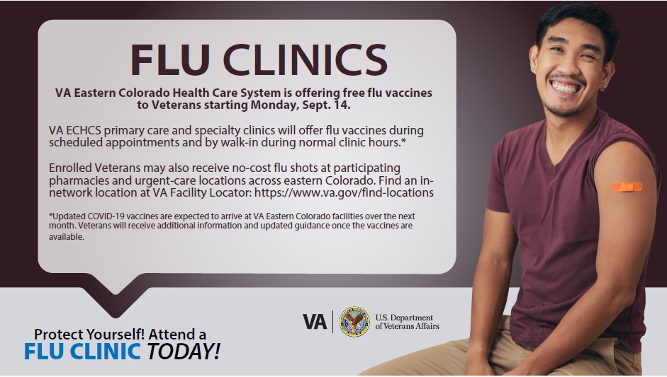 VAECHCS's tweet photo. VA Eastern Colorado Health Care System (ECHCS) started offering free flu vaccine clinics for veterans on Sept. 14. Vaccines will be available by walk-in or appointment through the end of flu season, which typically extends into the spring.

Veterans have multiple options to get their flu shot this year:

https://t.co/TJWXgyuHRy ECHCS primary care and specialty clinics will offer flu vaccines during scheduled appointments and by walk-in during normal clinic hours.

2.No-cost flu vaccines are available to enrolled veterans at pharmacies and urgent care locations across eastern Colorado. To find a close-to-home and in-network community care provider, veterans can enter in their zip code in the drop-down menu of the VA locator at https://t.co/lDANl389tM.

For those who choose to go outside of VA care for their flu shot, veterans can let their VA team know so they can update their records. They will need to send their provider a Secure Message using the VA Health and Benefits app or My HealtheVet, or call the VA call center, at 303-399-8020, to relay a message to their care team, with:

•Their full name,  
•The last four digits of their Social Security number,  
•The name of the vaccine,  
•The date they received it,  
•Where they received it.  

If veterans have questions, they can contact their VA care team.