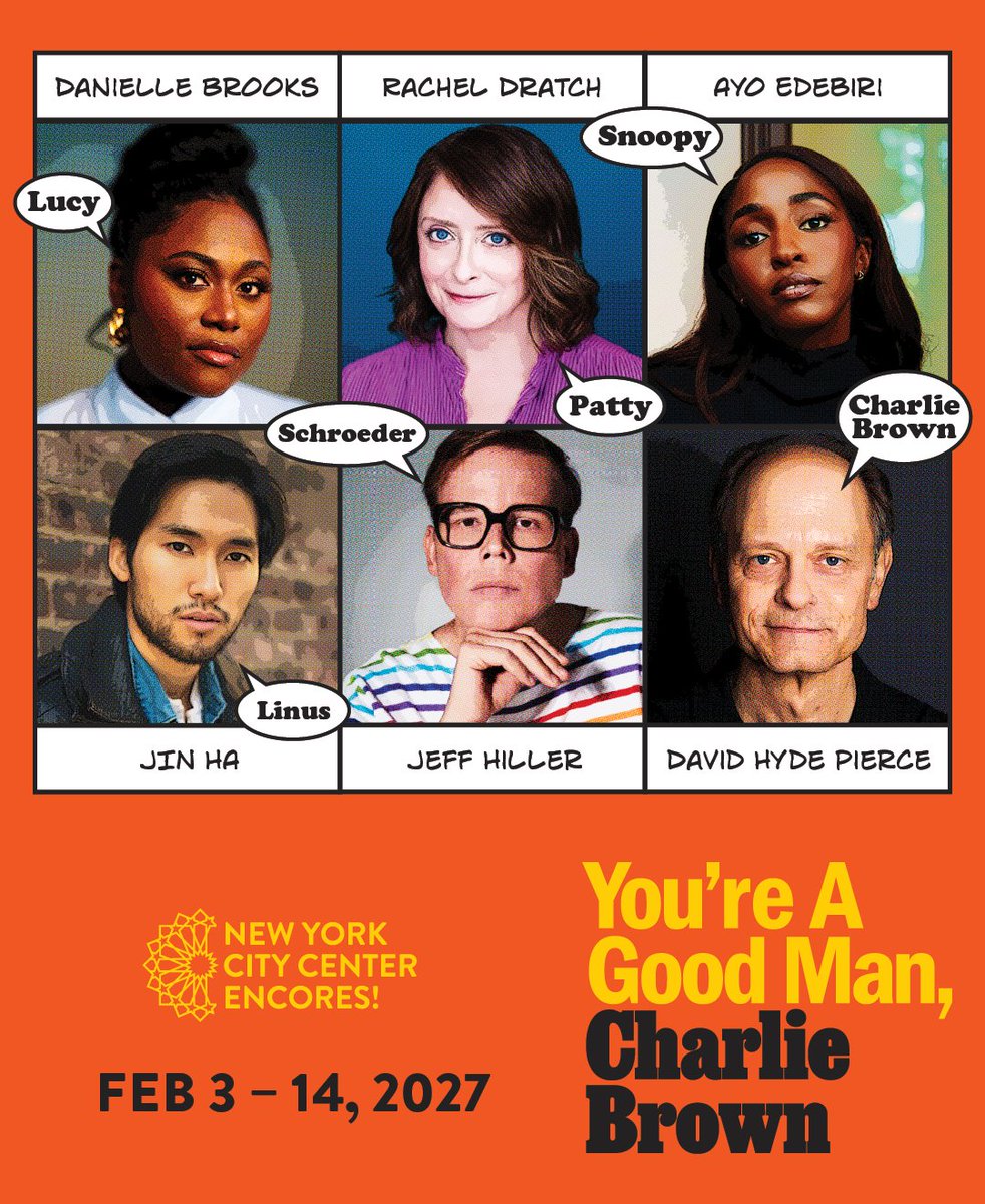 NYCityCenter's tweet photo. Heard y'all we're talking about an Encore? 👀 

Giving the people what they want: Rachel Dratch and Jeff Hiller back at Encores! This time as Patty and Schroeder. 🤭

Directed by Sam Pinkleton. You're A Good Man, Charlie Brown. Feb 3 – 14, 2027.

Single tickets on sale Oct 14. https://t.co/PVq2XL9MnM