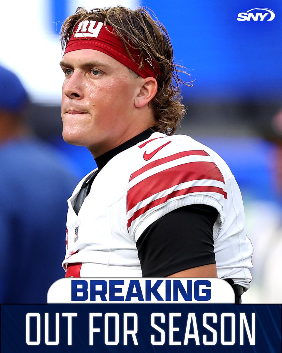SNYGiants's tweet photo. It's official: Jaxson Dart will be out for the season with a knee injury.

He suffered damage to his MCL, PCL, and meniscus, with the meniscus being the main issue, per @AdamSchefter https://t.co/tAM0tygjie