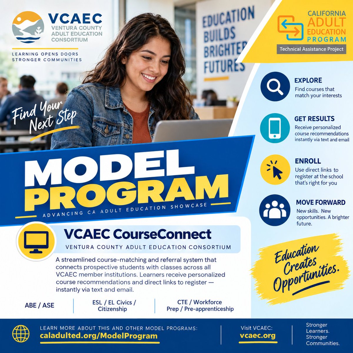 CAEPoffice's tweet photo. 🌟 Model Program Spotlight: VCAEC CourseConnect makes it easier for adult learners to find the right program. Learners receive personalized course matches by text/email, plus direct links to register.

Explore: https://t.co/4Gz3QNtE85

#CAAdultEd #ModelProgram https://t.co/d06D8YBYJX