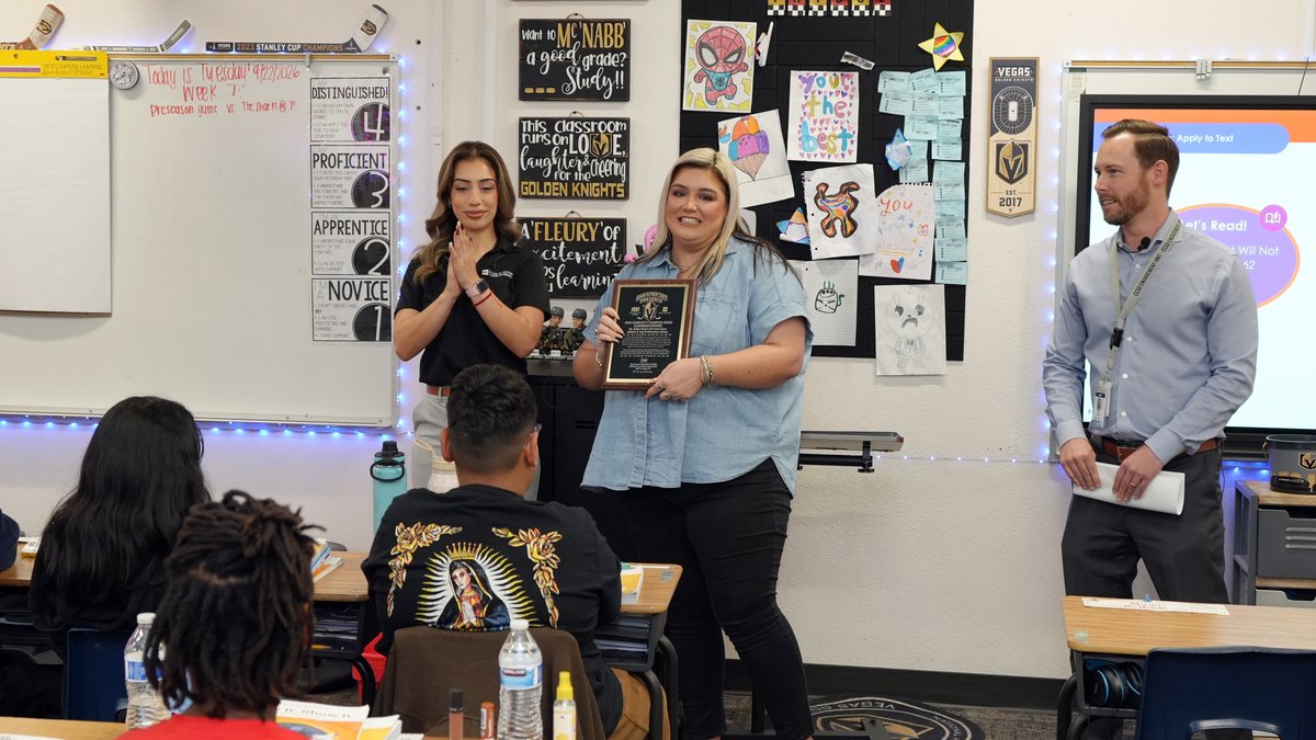 CNLV's tweet photo. What a golden surprise! The Vegas @GoldenKnights surprised Ms. Ward's 5th grade class at Addeliar D. Guy Elementary in North Las Vegas with free tickets to a game courtesy of the Adam Kutner Cares Foundation.🏒✨

@AdamSKutner
@CCSDEngage
@ClarkCountySch
@adamkutnercares https://t.co/vScRCWye3e