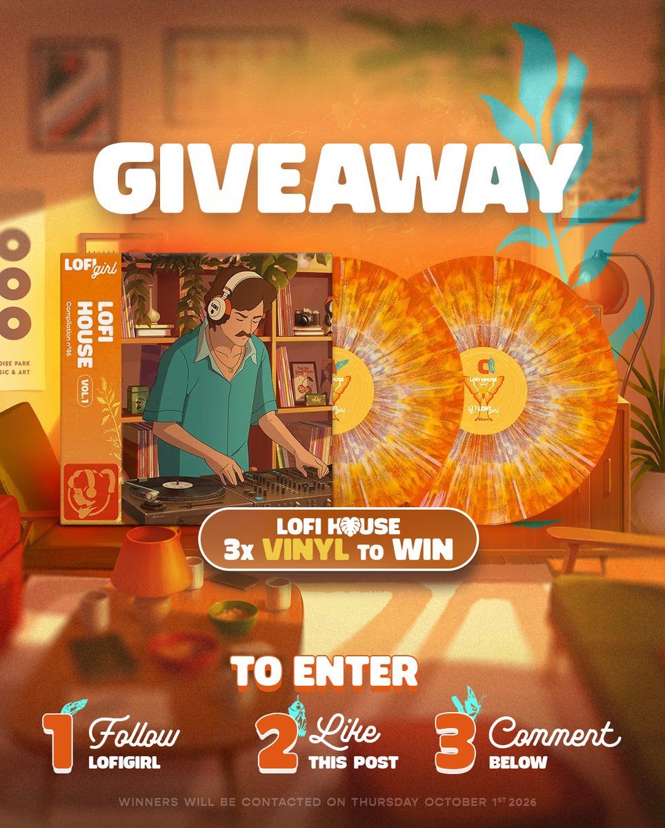 lofigirl's tweet photo. 📀 Lofi House Vinyl Giveaway 📀 

To celebrate the arrival of Lofi Teacher in the Lofi Girl Universe, we are offering you 3 vinyl records of our brand new release!

Prizes:
3 Winners will receive:
- 1x Lofi House Vinyl

To enter: ⁠
- Follow @lofigirl
- Like this post⁠
- Comment with your favorite weekend activity

⏰ Deadline: September 30th, 4h59 PM, CEST
⁠
Winners will be directly contacted via DM from the @lofigirl account. Please ensure your DMs are open so we can reach you.

Terms and conditions apply, link in bio.
⁠
Good luck! 🧡